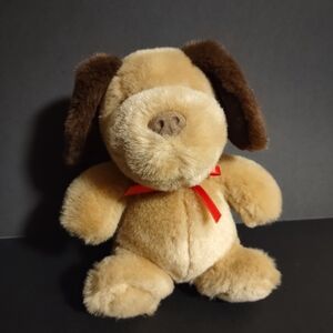 1993 GUND Brown Plush Puppy Dog Two-Toned with Red Bow